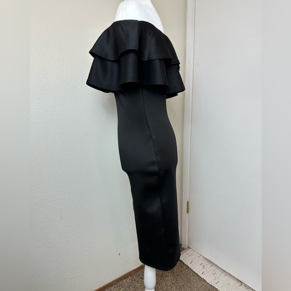 BOOHOO Black Off the Shoulder Double Ruffle Bodycon Midi Dress EUC - Picture 4 of 8